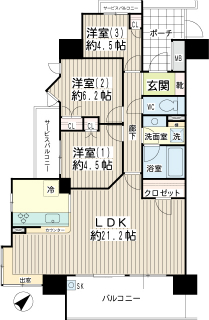 川崎市中原区の賃貸マンション　ガーデンティアラ武蔵小杉１３２２号室　間取