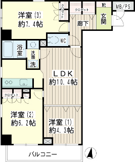 東京都江東区の賃貸マンション　コゥジーコート寺山　４０１号室　間取