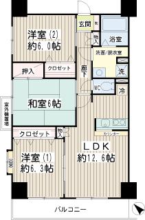 横浜市鶴見区の３ＬＤＫ賃貸マンション　スカイ６１　間取りです